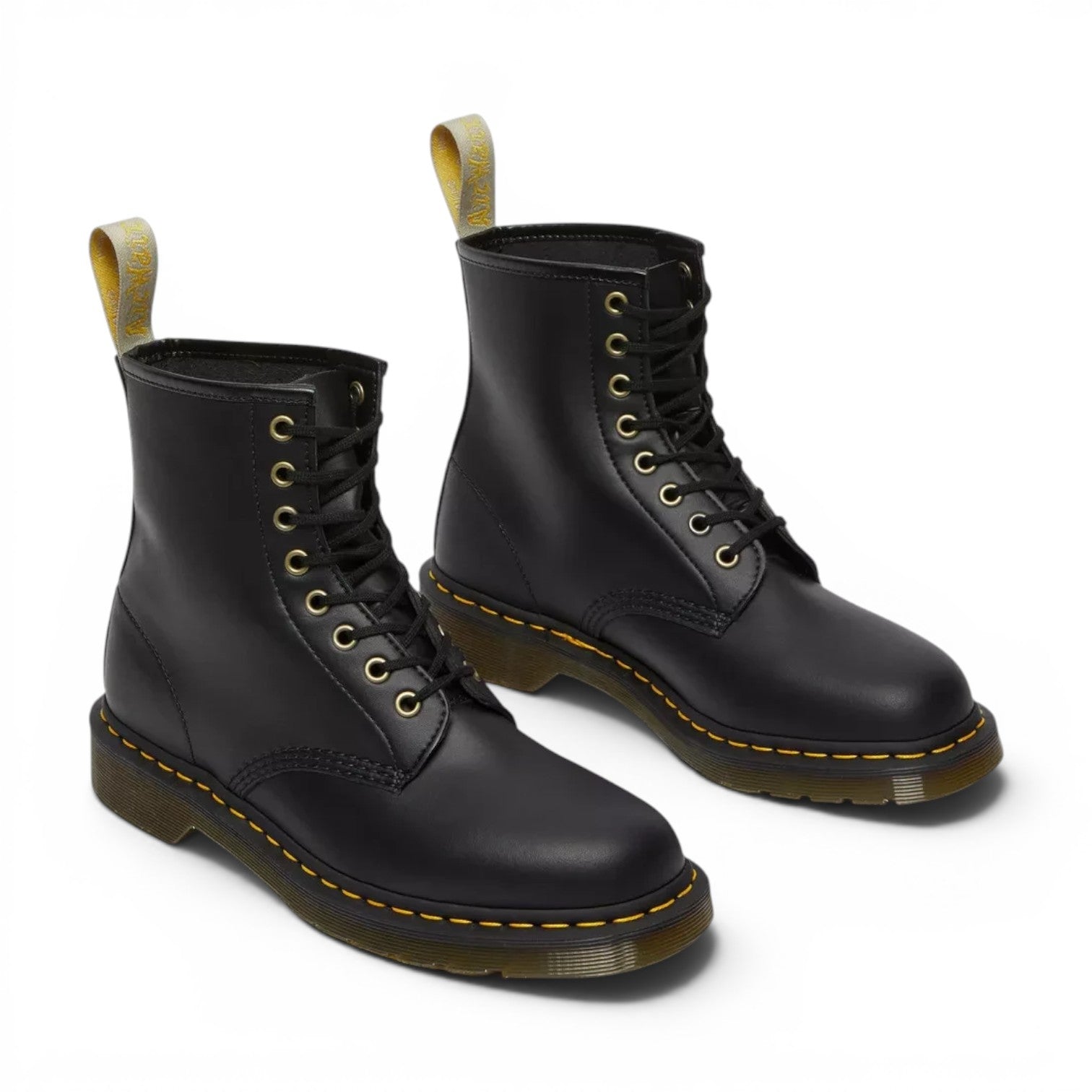 ShoeShop Dr. Martens Vegan 1460 Felix black lace-up boots with yellow stitching and signature heel loop