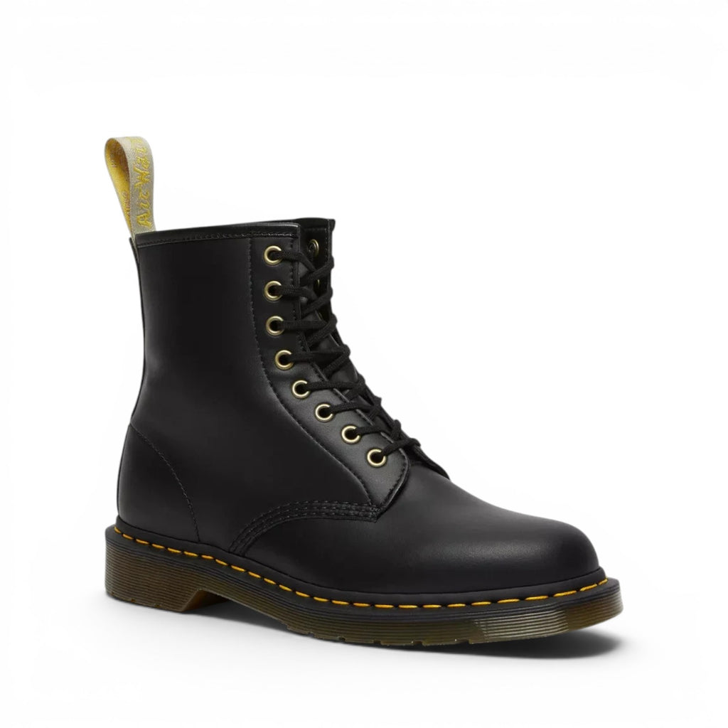 ShoeShop Dr. Martens 1460 Felix black vegan leather lace-up boots with yellow stitching and heel loop