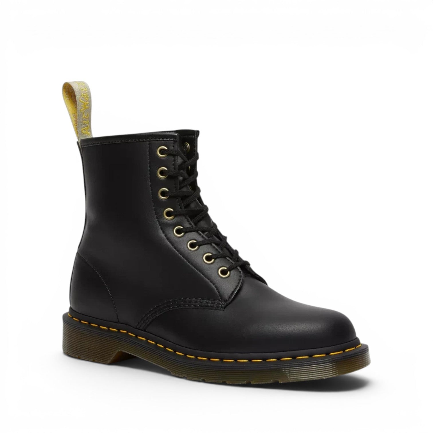 ShoeShop Dr. Martens 1460 Felix black vegan leather lace-up boots with yellow stitching and heel loop