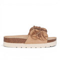 ShoeShop Duffy beige slide sandals with floral embellishments and a cork-style platform sole, side view.