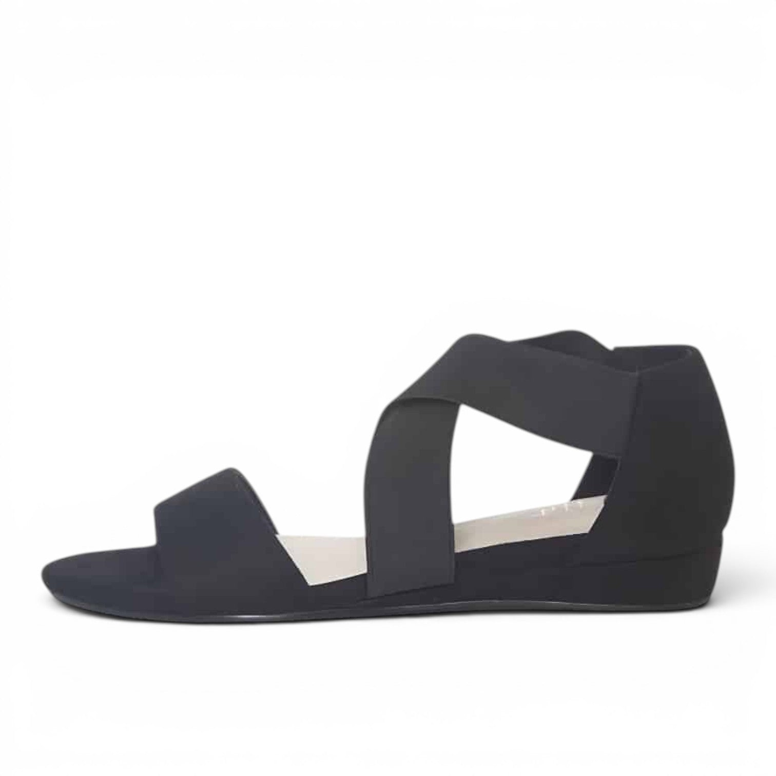 ShoeShop Duffy black elastic strap wedge sandals with a comfortable low heel