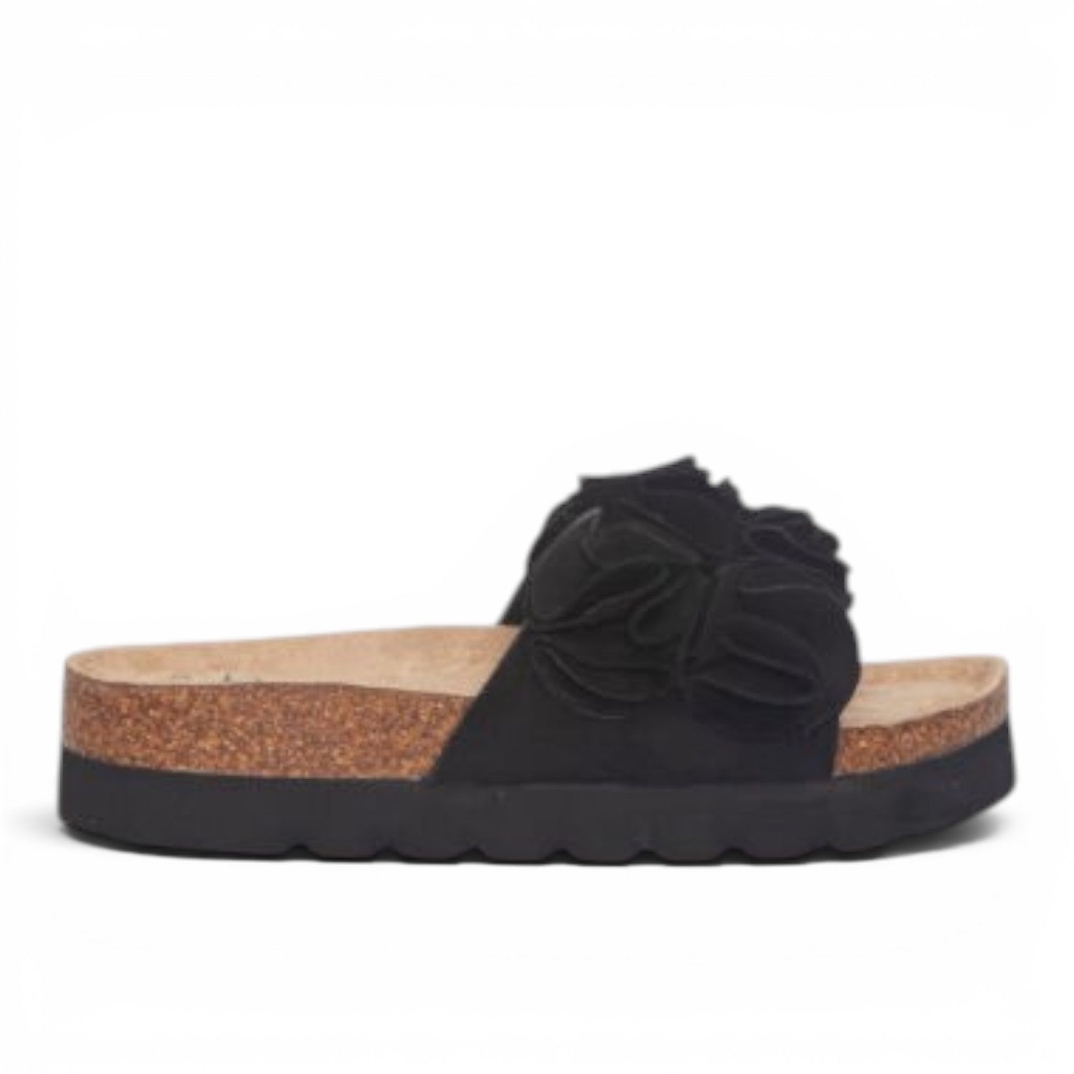 ShoeShop Duffy black slip-on sandals with floral embellishment and cork-style platform sole