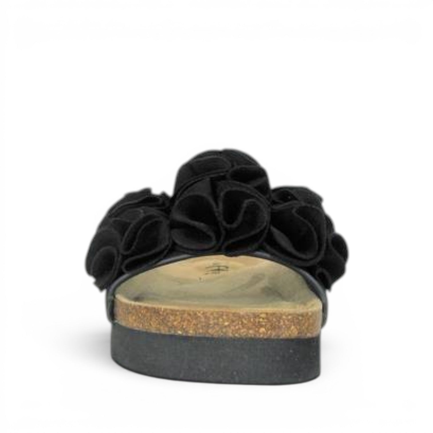 ShoeShop Duffy black slide sandals featuring a decorative ruffled strap and a comfortable cork-style platform sole.