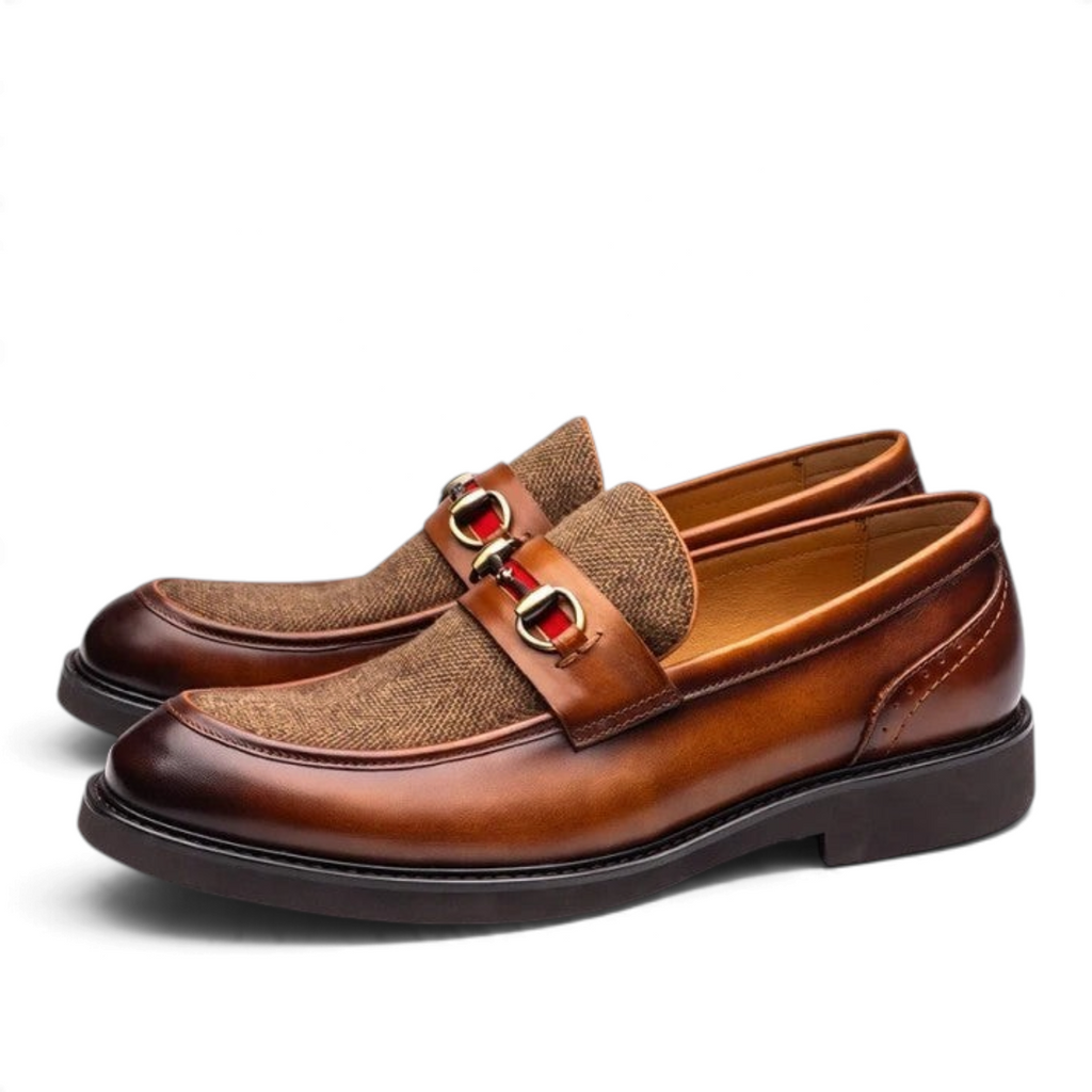 ShoeShop ELVIS brown leather loafers with textured fabric inlay and gold-tone horsebit detail