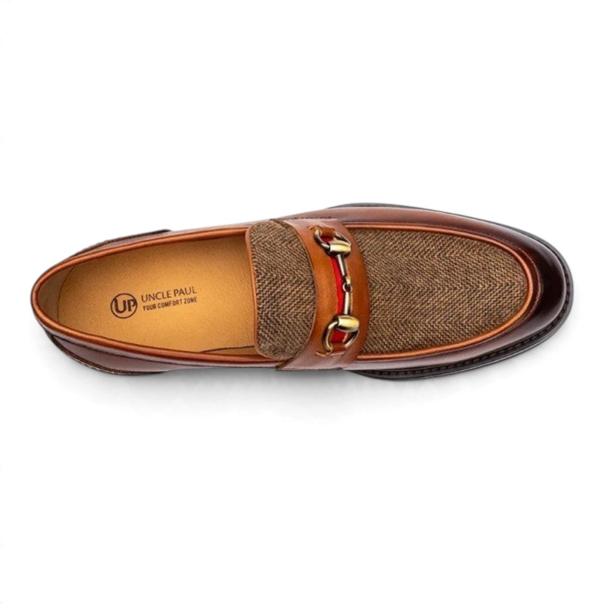 ShoeShop ELVIS brown leather and tweed loafers with gold horsebit detail, top-down view