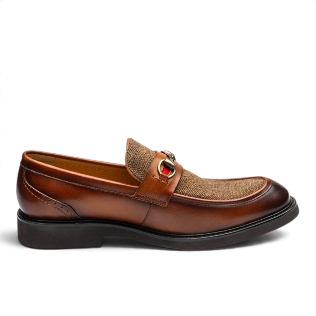 ShoeShop ELVIS brown leather and tweed loafers with a gold-tone horsebit detail and red stripe accent