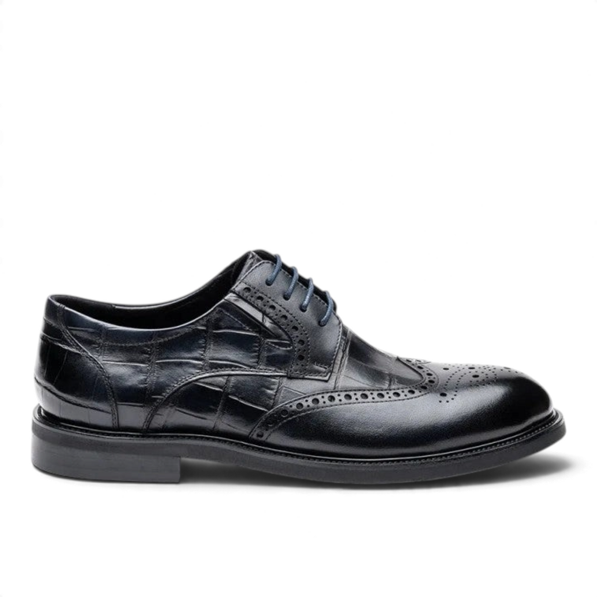 ShoeShop ERIK black leather brogue shoes with crocodile skin texture and classic wingtip detailing