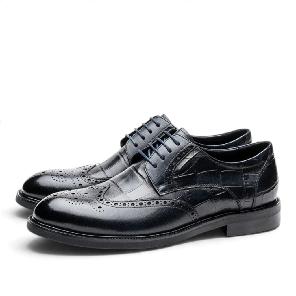 ShoeShop ERIK black leather brogue shoes with a crocodile-embossed texture and classic lace-up design