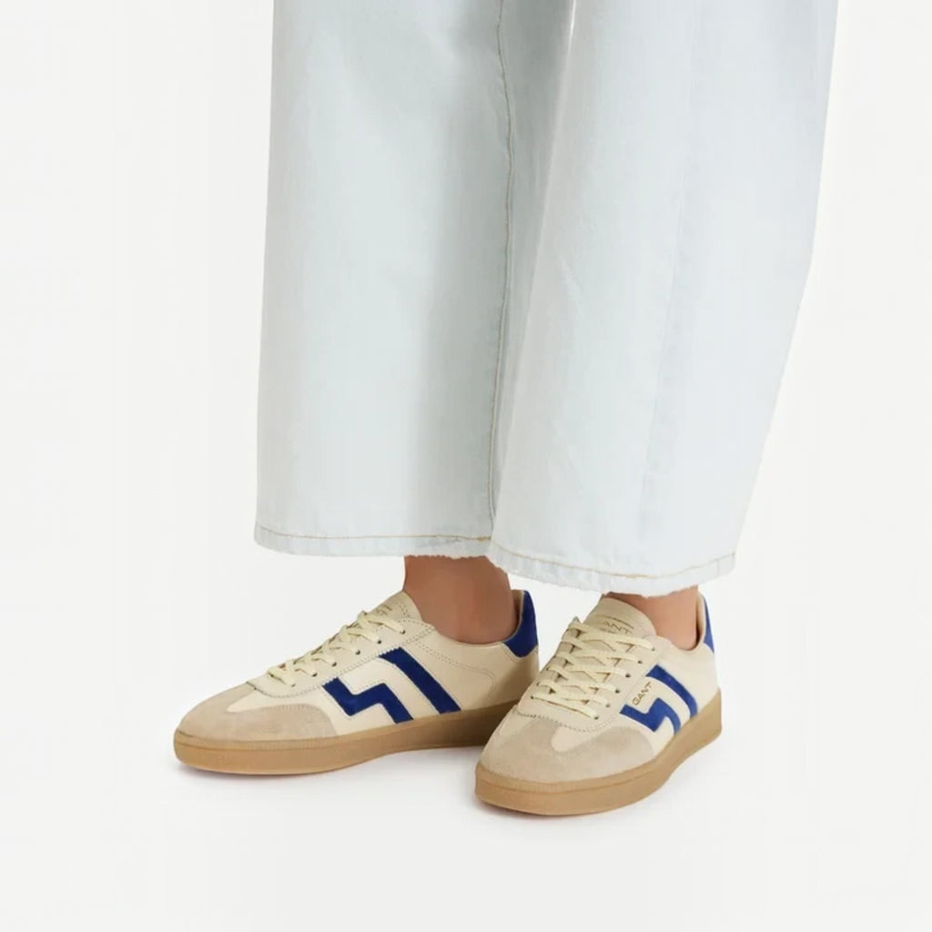 ShoeShop GANT beige suede and canvas sneakers with blue logo detail worn with light wash jeans