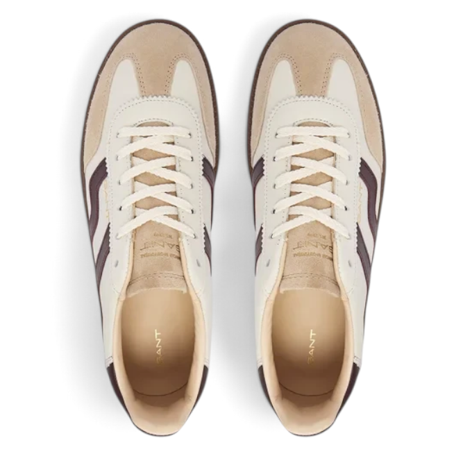 ShoeShop GANT beige and dark brown suede and leather sneakers, top-down view showing lace-up design