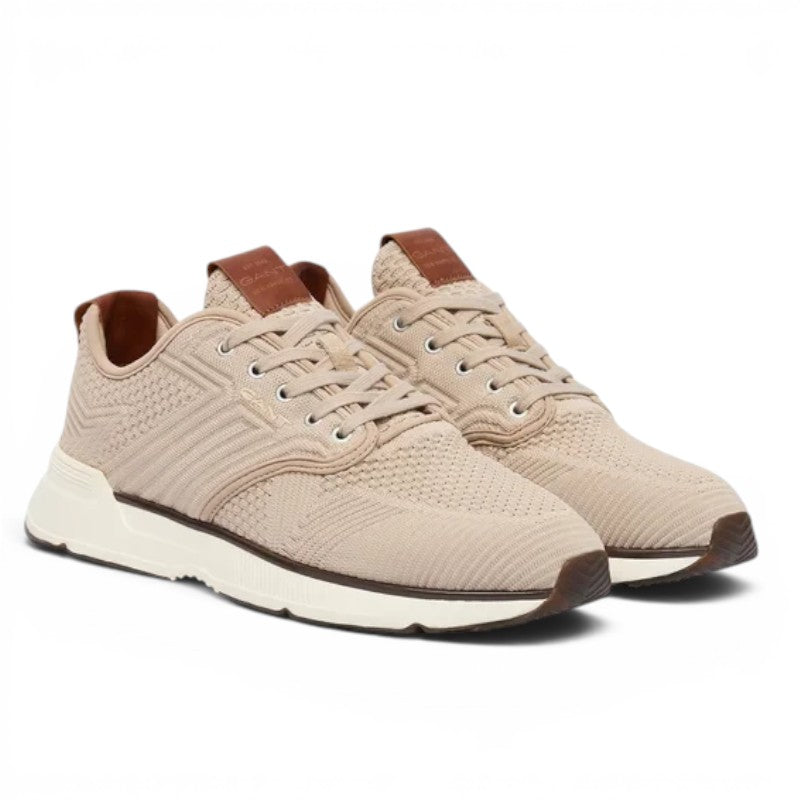ShoeShop GANT beige knit sneakers with brown leather tongue detail and white athletic sole