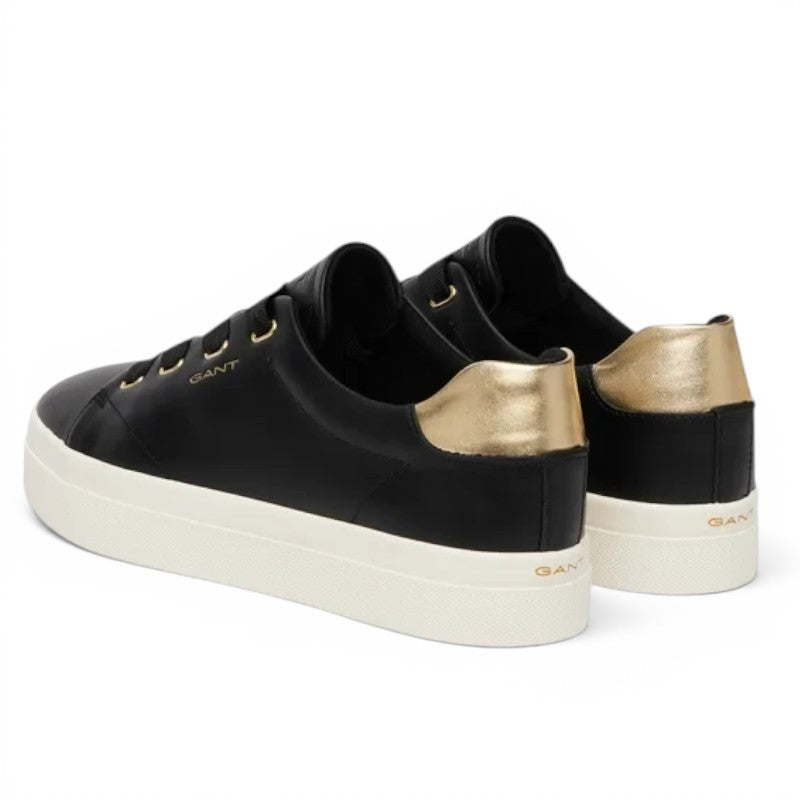 ShoeShop GANT black leather platform sneakers with metallic gold heel detail and white rubber sole