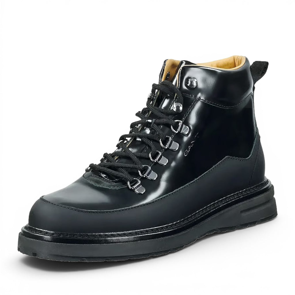 ShoeShop GANT Hillprep Mid black leather hiking boots with warm textile lining and durable rubber sole.