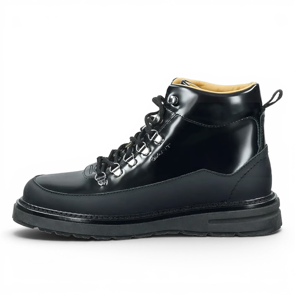 ShoeShop GANT Hillprep Mid black leather hiking-style boots with metal eyelets and warm textile lining