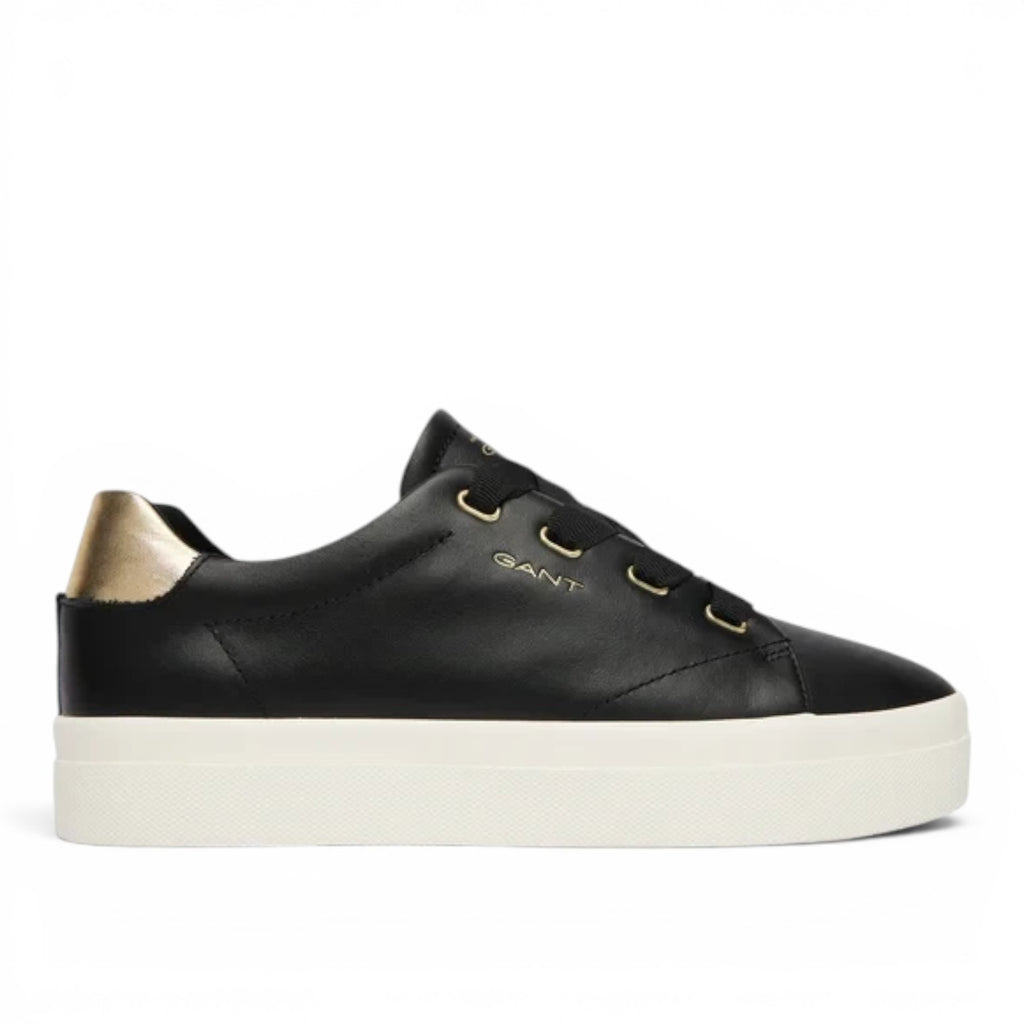 ShoeShop GANT black leather platform sneakers with gold heel detail and white rubber sole