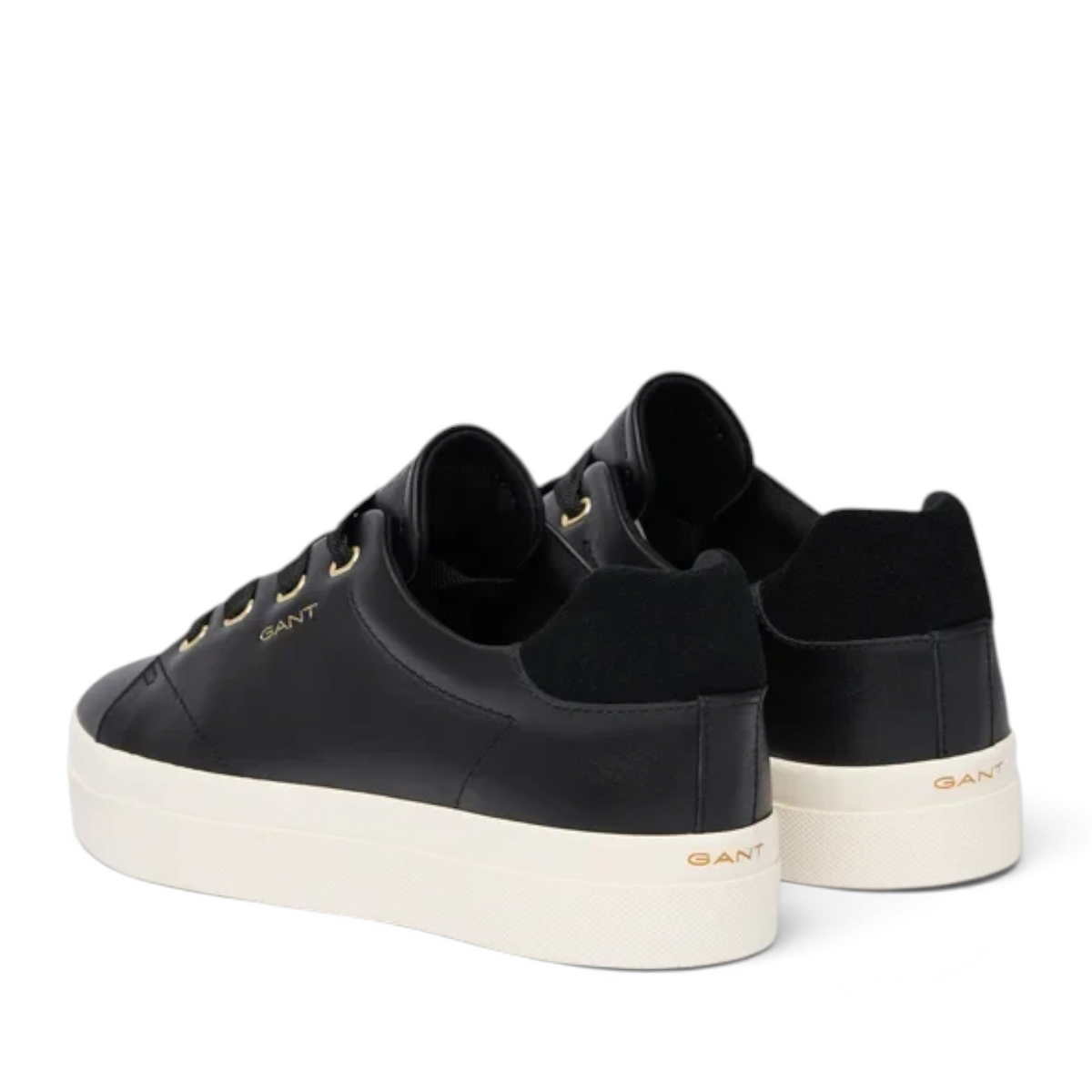 ShoeShop GANT black leather sneakers with a thick white platform sole and gold logo detailing