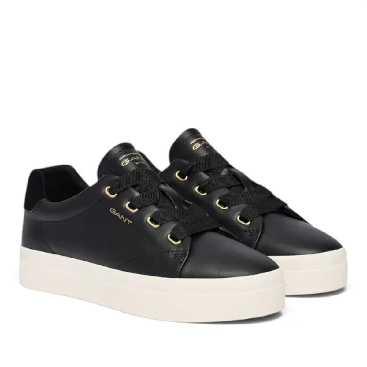 ShoeShop GANT black leather sneakers with thick white platform soles and gold eyelet details