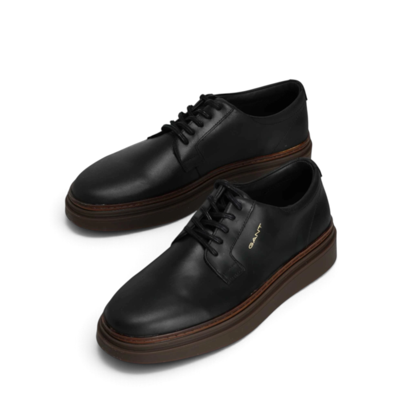 ShoeShop GANT black leather lace-up shoes with a thick brown rubber sole and gold logo detail