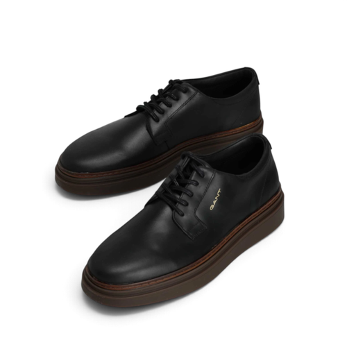 ShoeShop GANT black leather lace-up shoes with a thick brown rubber sole and gold logo detail