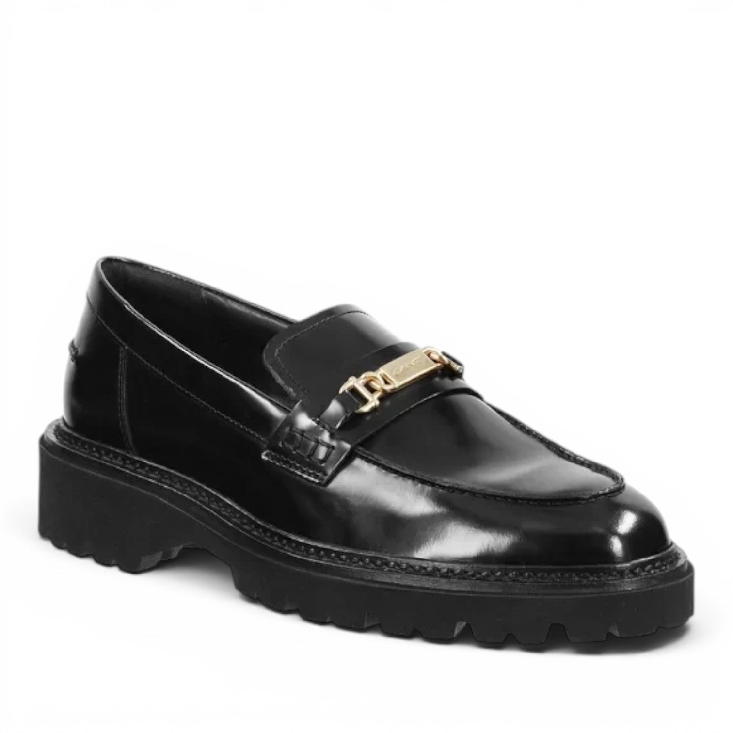 ShoeShop GANT Ivyhill black patent leather loafers with a gold-tone metal bit detail and a chunky lug sole.