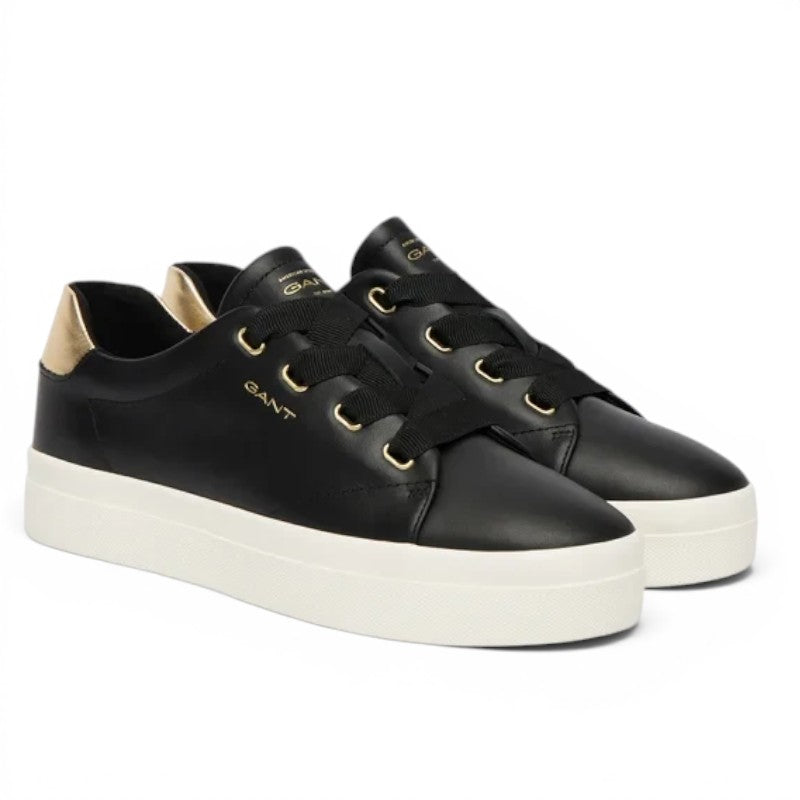 ShoeShop GANT black leather platform sneakers with gold heel detail and wide ribbon laces