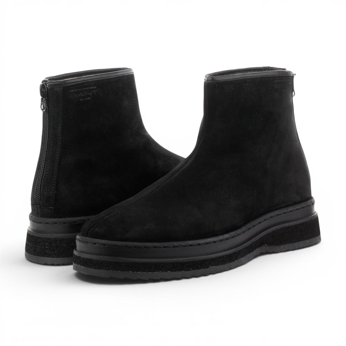 ShoeShop GANT Blistown 2A black suede ankle boots with wool lining and a thick rubber sole, back zipper detail.