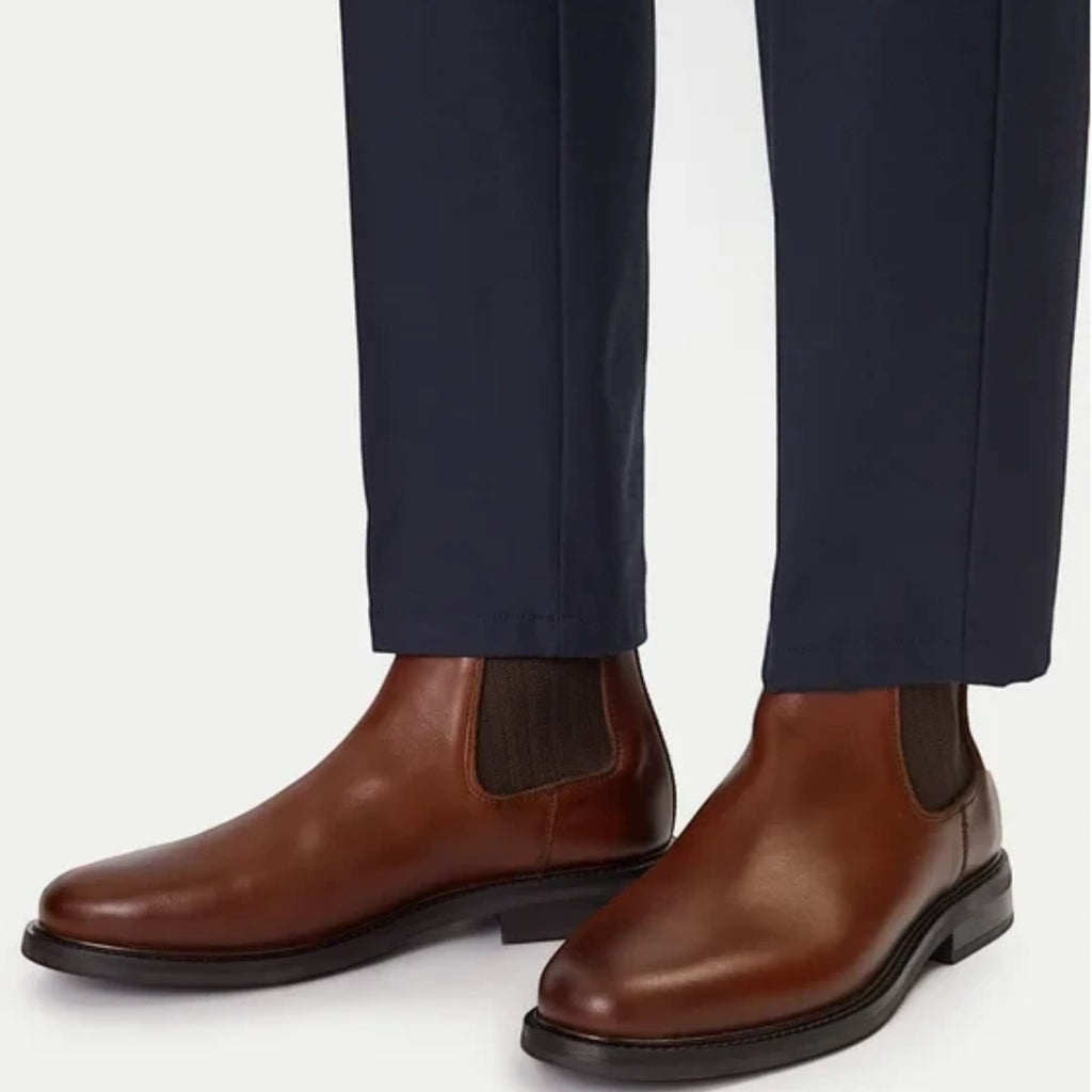 ShoeShop GANT brown leather Chelsea boots with elastic side panels worn with navy trousers