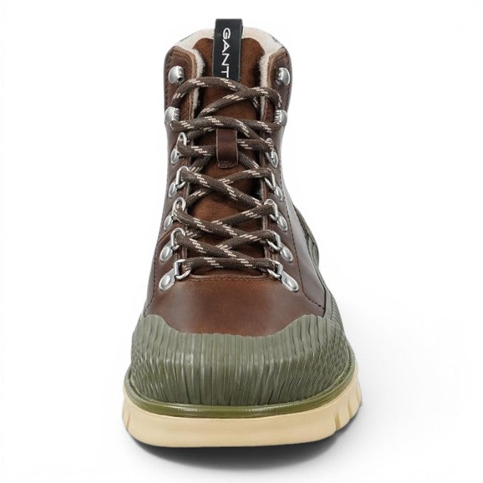 ShoeShop GANT brown leather hiking boots with olive green rubber toe cap and warm fleece lining