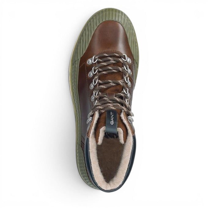 ShoeShop GANT brown leather hiking-style boots with warm fleece lining and olive green rubber toe cap