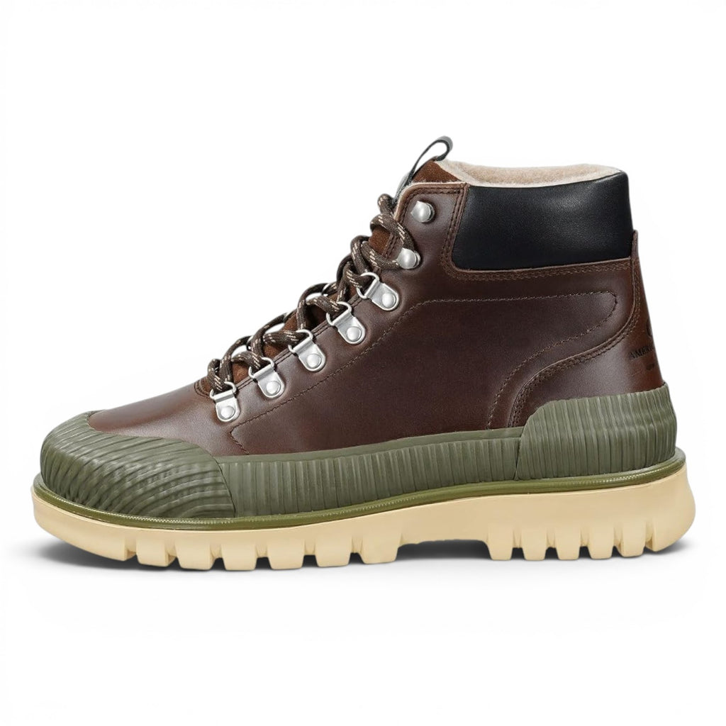 ShoeShop GANT brown leather hiking boots with olive green rubber toe cap, cream lug sole, and warm fleece lining.