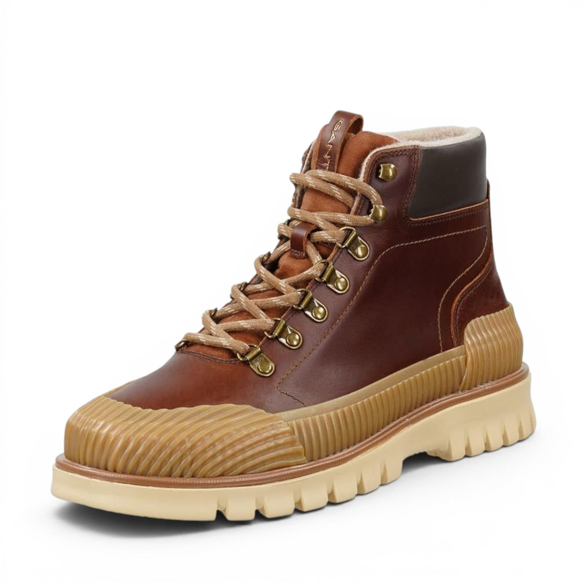 ShoeShop GANT brown leather hiking boots with a warm fleece lining and a chunky ribbed rubber sole.