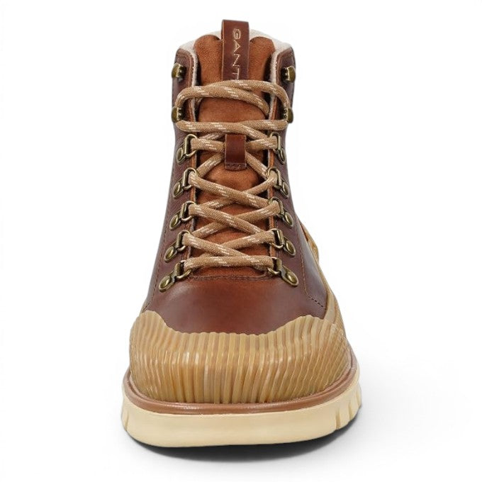 ShoeShop GANT brown leather hiking boots with cream rubber toe cap, lace-up closure, and warm lining