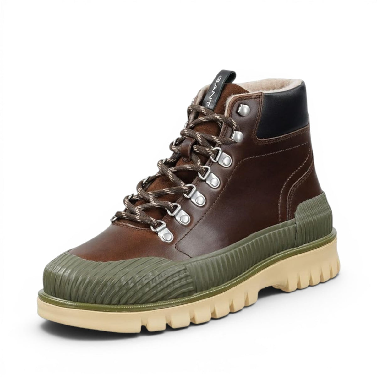 ShoeShop GANT brown leather hiking boots with olive green rubber toe cap, lace-up closure, and thick lug sole.