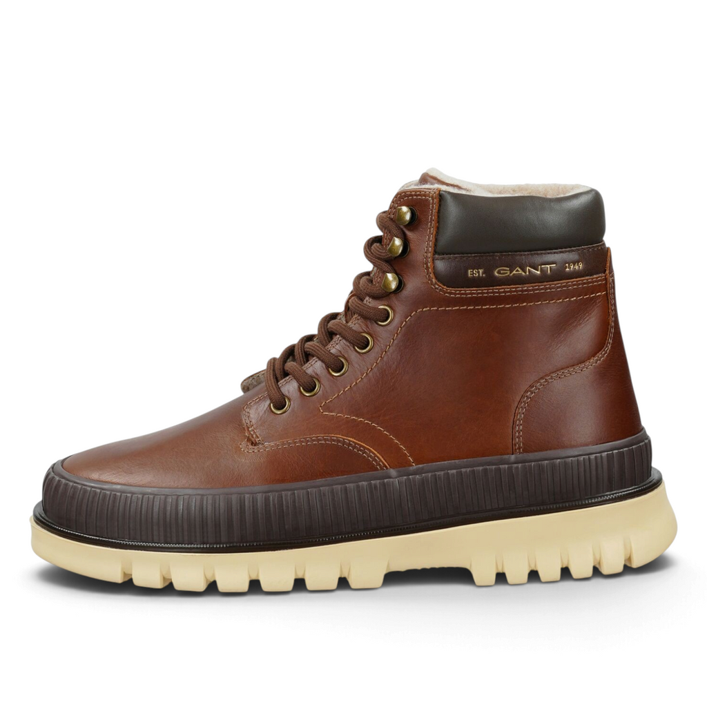 ShoeShop GANT brown leather lace-up winter boots with a thick rubber lug sole and warm faux fur lining