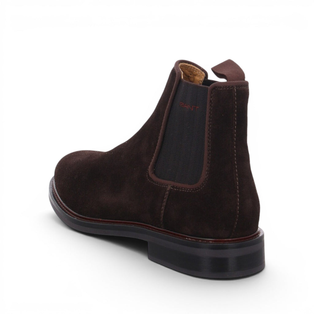 ShoeShop GANT dark brown suede Chelsea boots with elastic side panels and pull tab, rear view