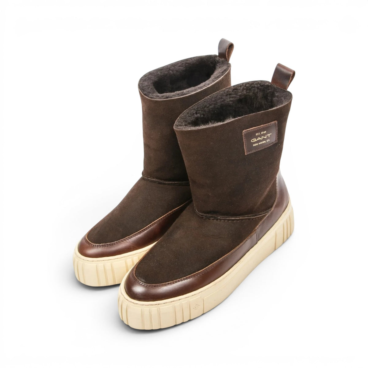 ShoeShop GANT dark brown suede and leather winter boots with warm faux fur lining and chunky cream rubber sole