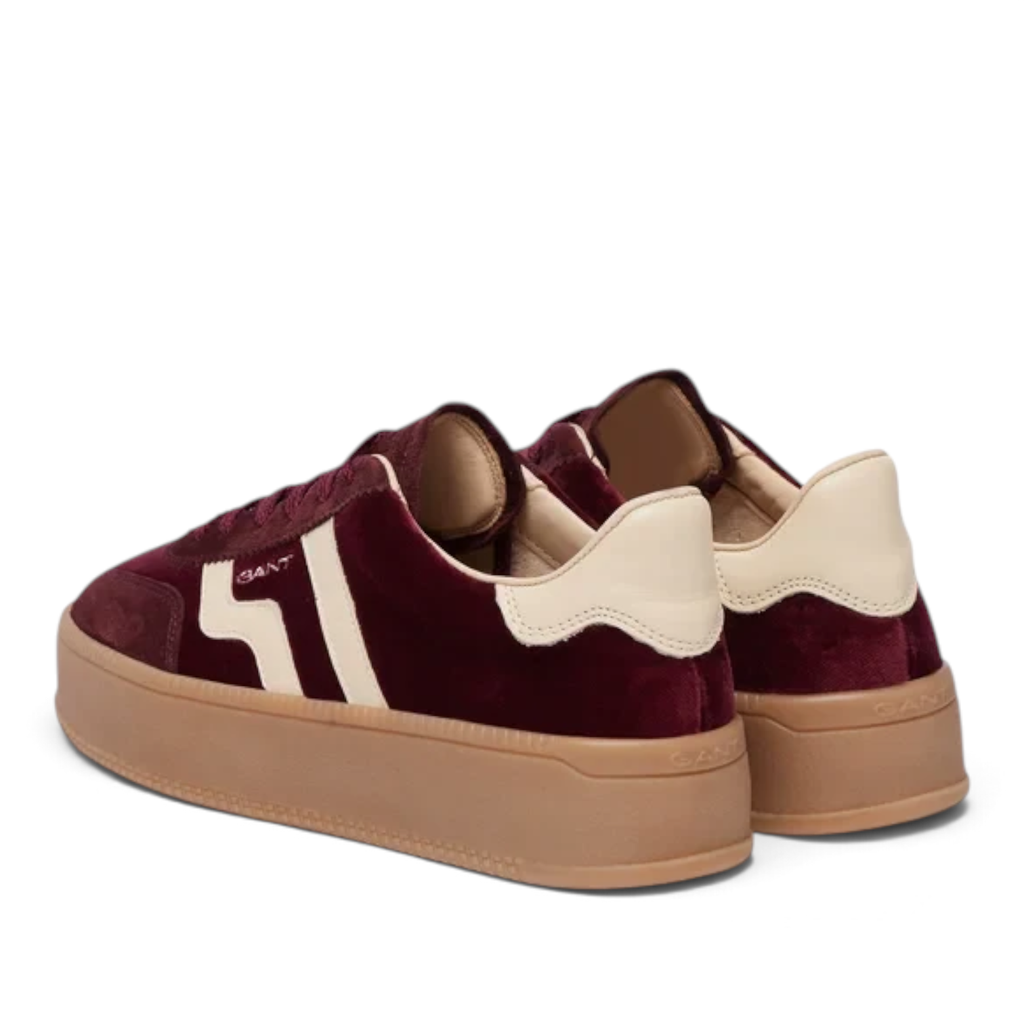 ShoeShop GANT Cuzmani platform sneakers in burgundy suede and textile with cream accents and a thick rubber sole