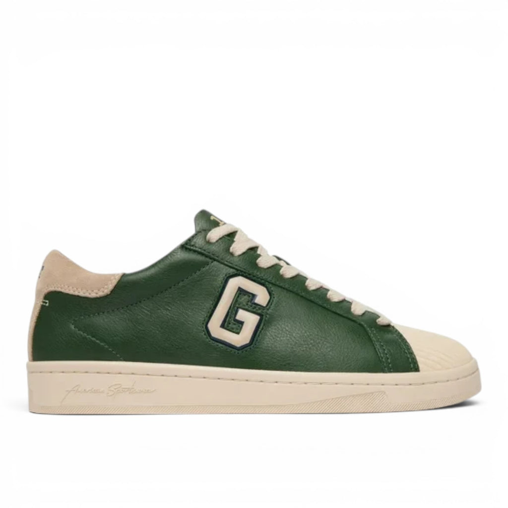 ShoeShop GANT green leather sneakers with cream toe cap, laces, and large G logo on the side