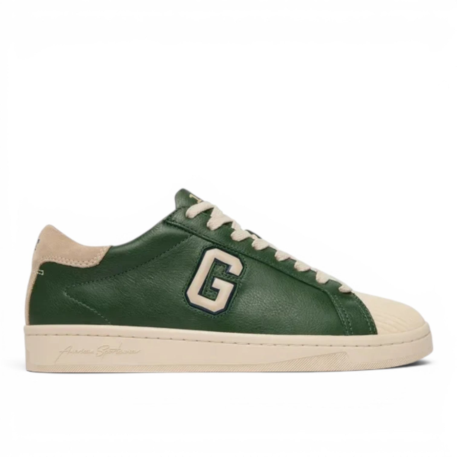 ShoeShop GANT green leather sneakers with cream toe cap, laces, and large G logo on the side