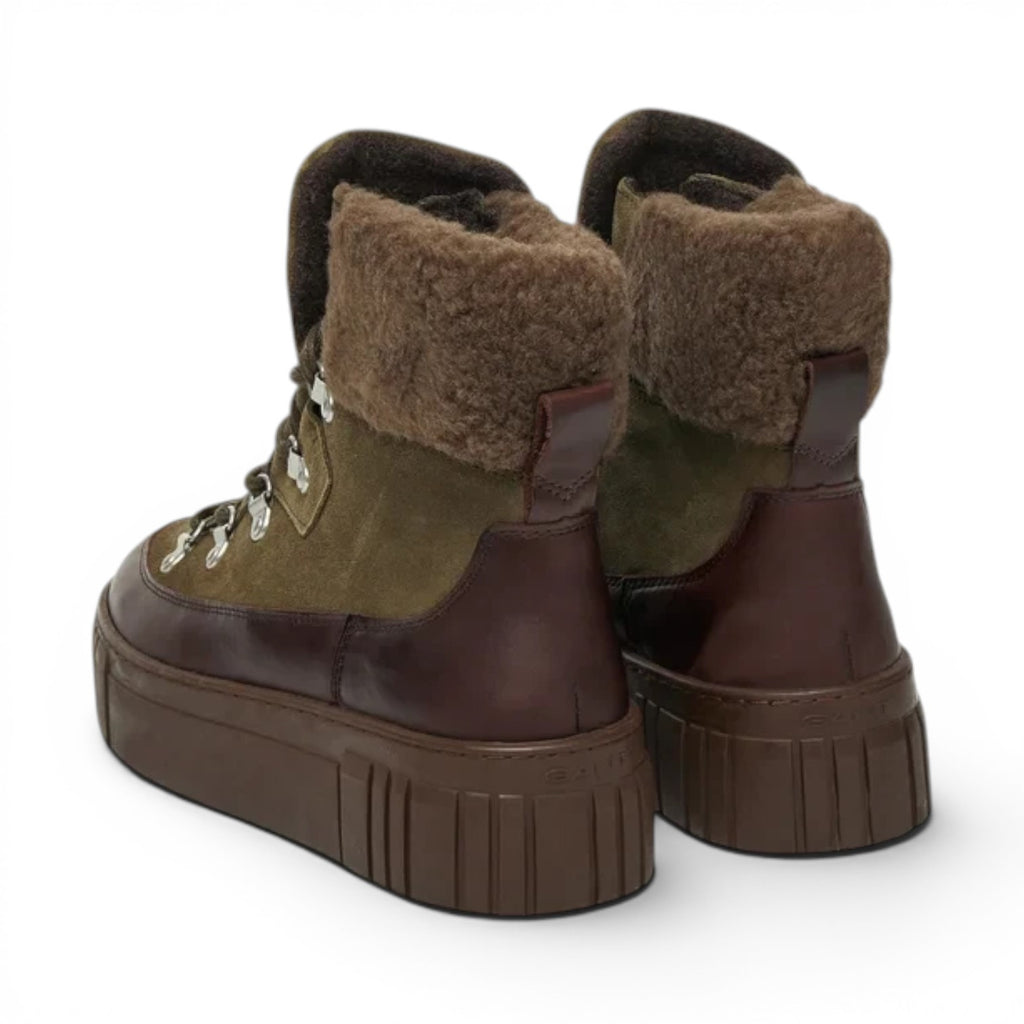 ShoeShop GANT olive green and brown leather hiking boots with faux fur collar and chunky platform sole