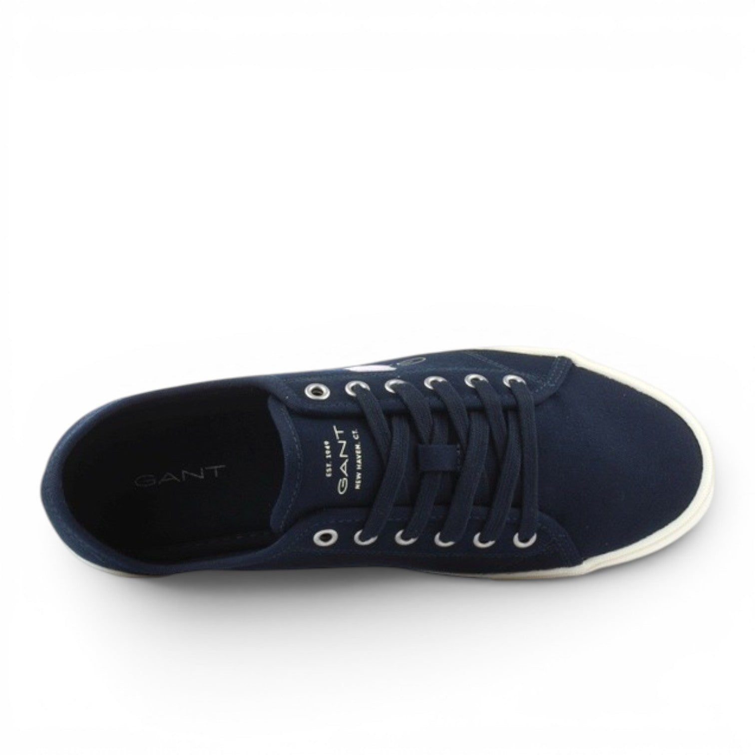 ShoeShop GANT navy blue canvas lace-up sneakers with white rubber sole, top-down view