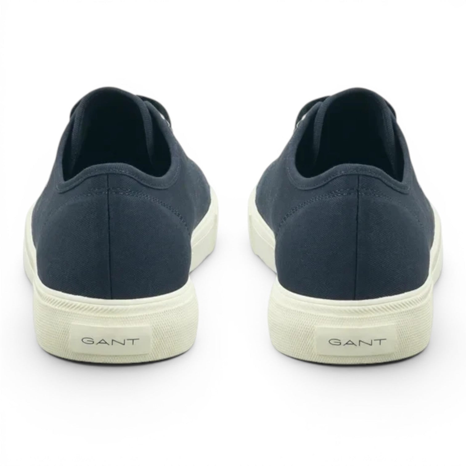 Rear view of navy blue canvas GANT sneakers with white rubber soles from ShoeShop