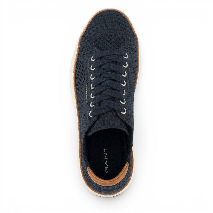 ShoeShop GANT navy blue knit sneakers with a tan leather heel tab and white sole, top-down view
