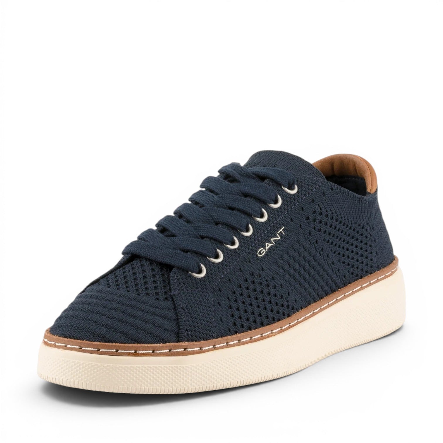 ShoeShop GANT navy blue knit sneakers with a thick white rubber sole and brown leather heel detail