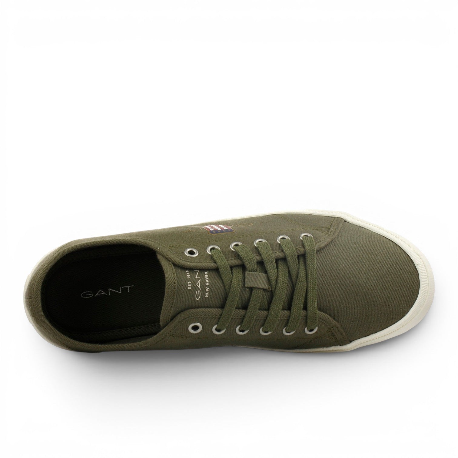 ShoeShop GANT olive green canvas sneakers with lace-up closure and white rubber sole, top-down view