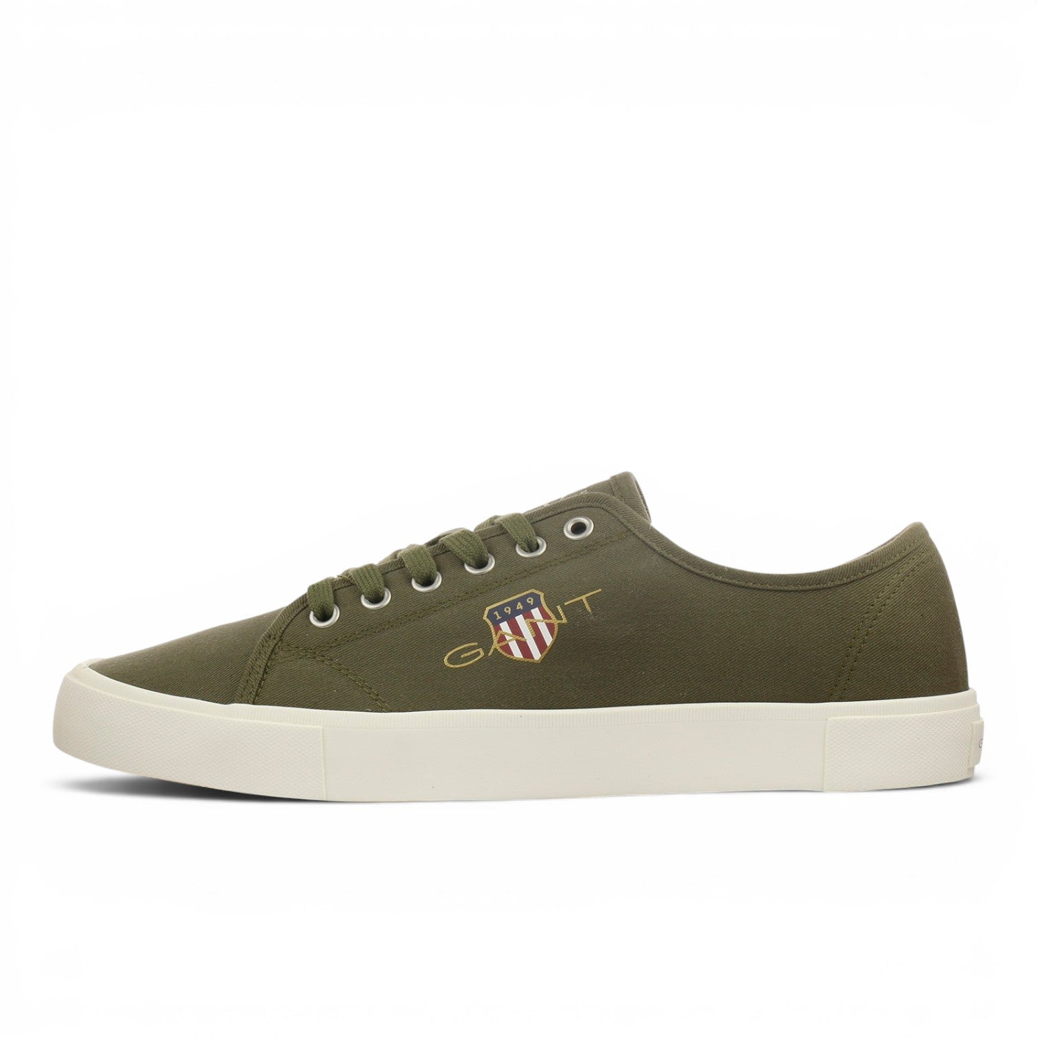 ShoeShop GANT olive green canvas sneakers with white rubber sole and embroidered shield logo on the side