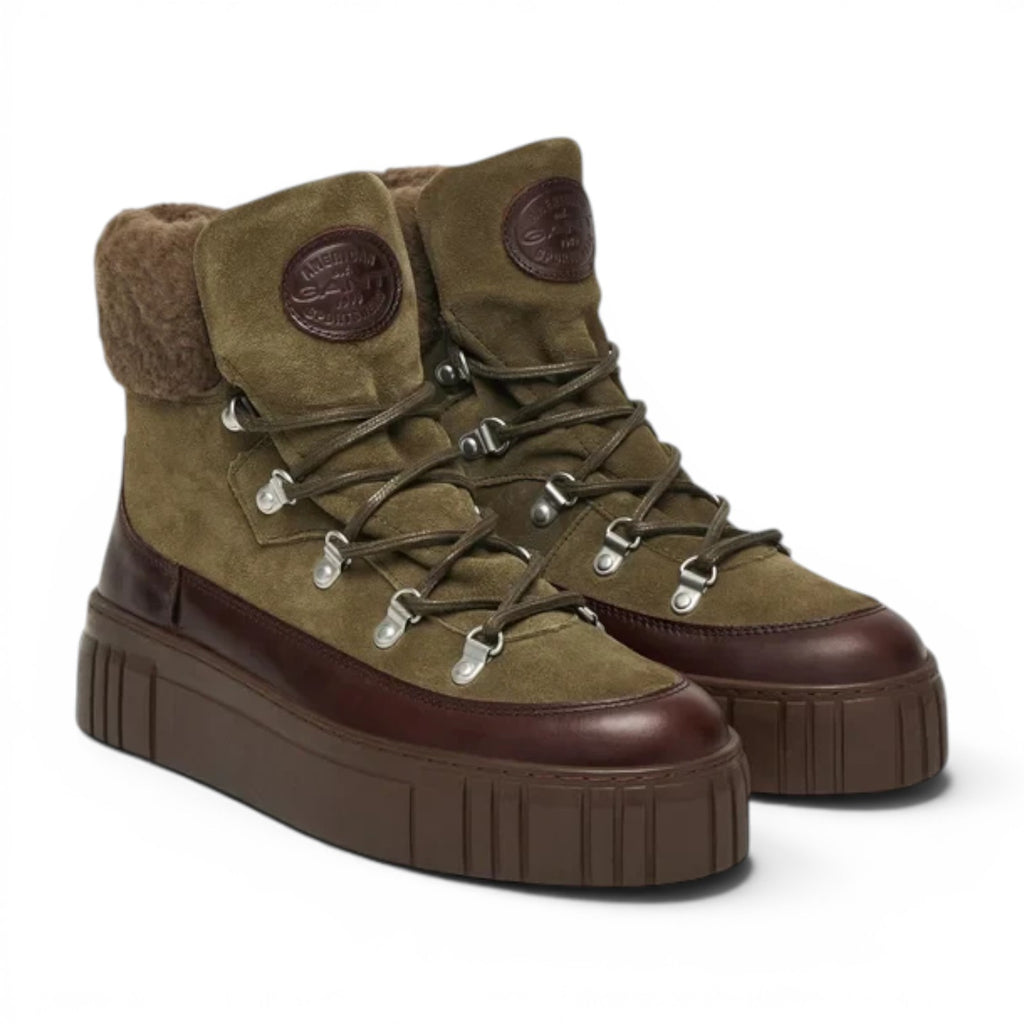 ShoeShop GANT olive green suede and brown leather hiking boots with shearling lining and chunky platform soles