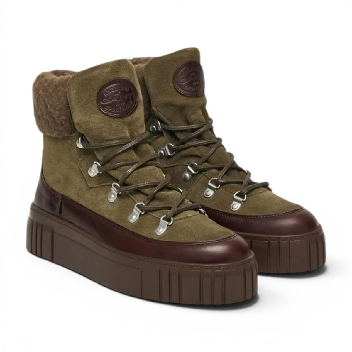 ShoeShop GANT olive green suede and brown leather hiking boots with shearling lining and chunky platform soles