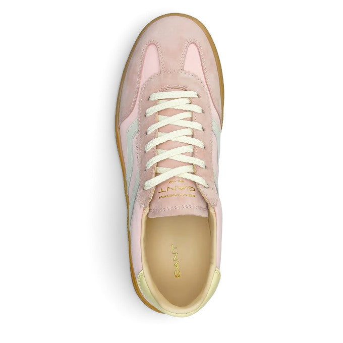 ShoeShop GANT pink suede and leather sneakers with white laces and a gum rubber sole, top-down view.