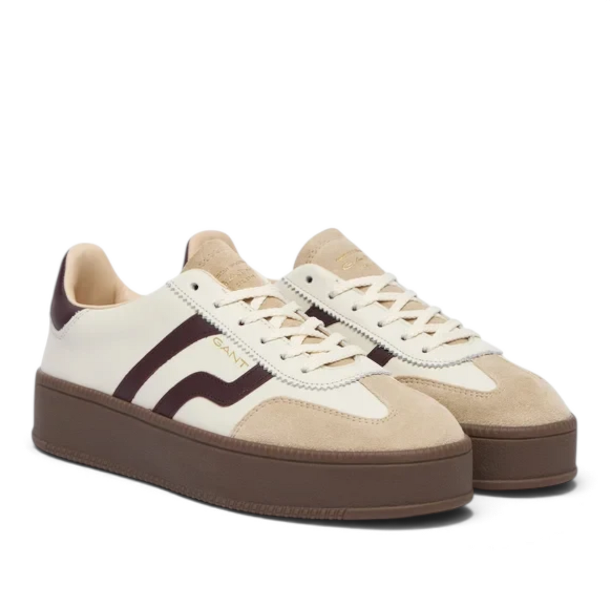 ShoeShop GANT platform sneakers in cream leather and beige suede with dark brown side stripes and thick rubber sole